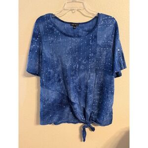 Sami Jo Blue Tie Dye Sequin Embellished Short Sleeve Knot Front Top Womens Large